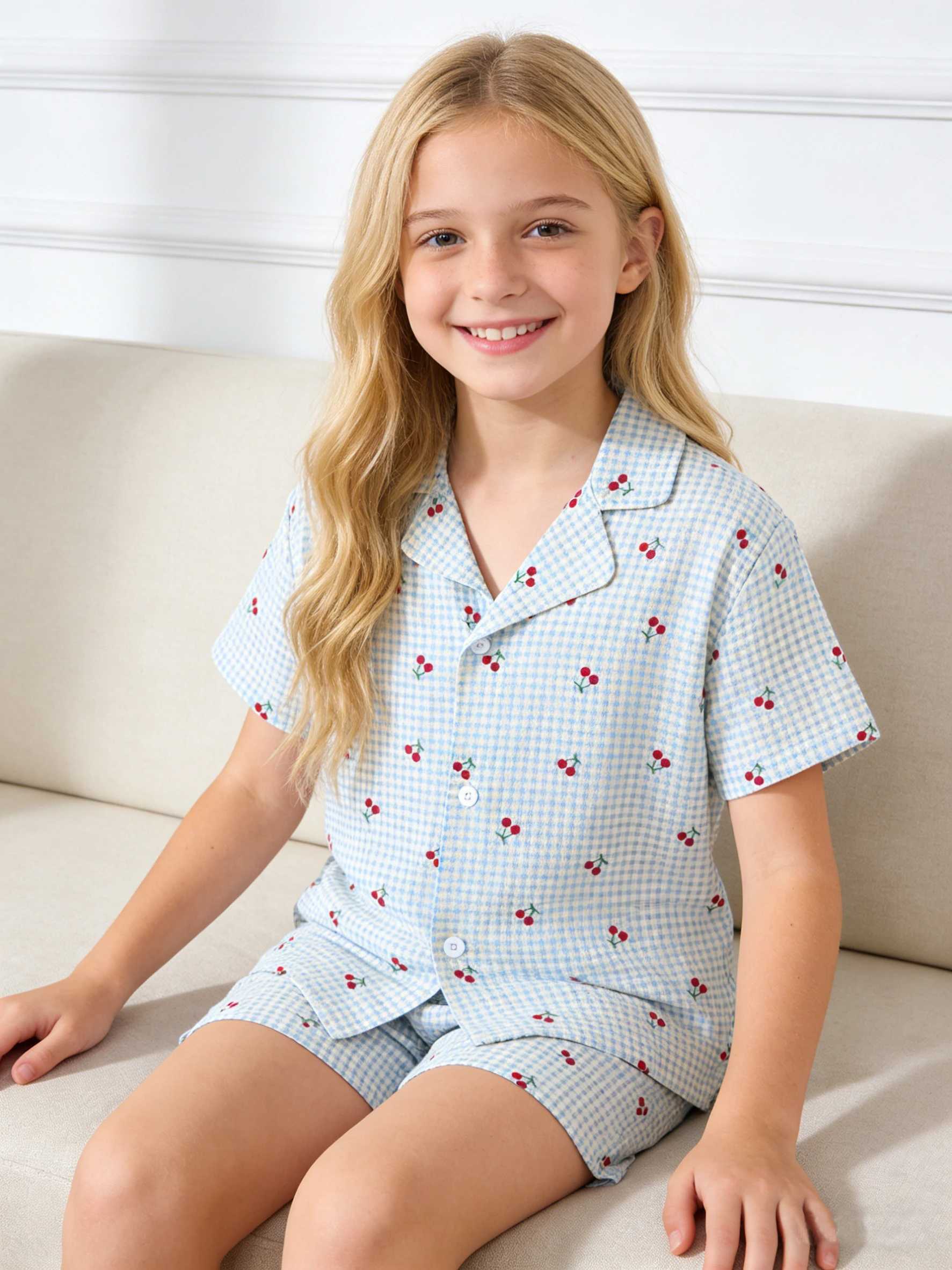 Girls Pajama Home Wear Set Cherry Short Sleeve Pajamas and Shorts Perfect for Summer Sleepover Parties and Nighttime Wear H260403