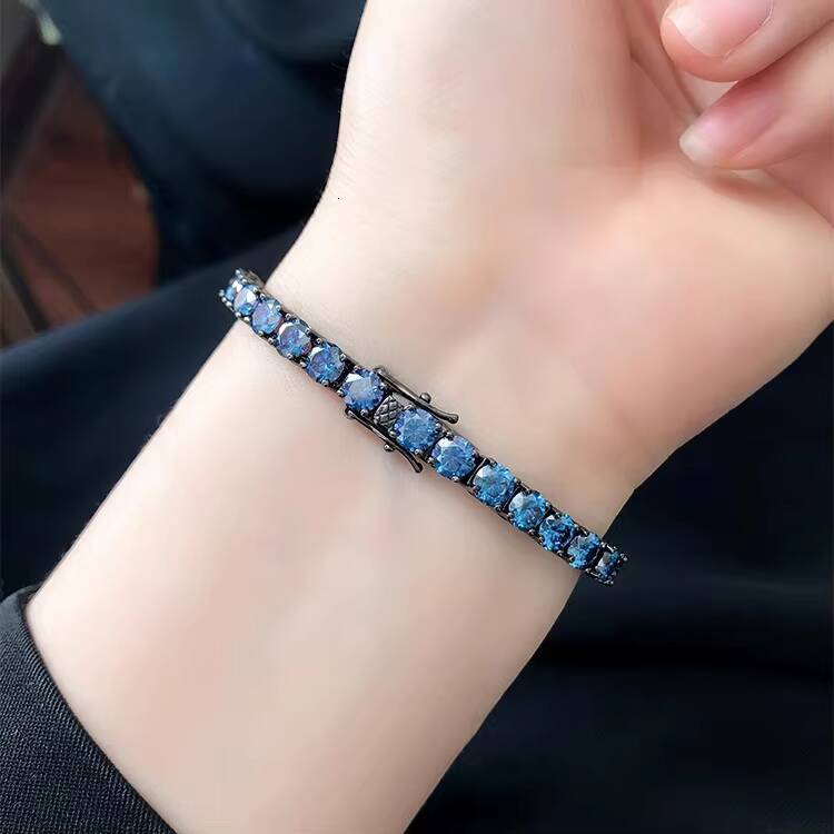 PYQ 3mm 01ct Vvs Royal Blue Moissanite Tennis Chain Hip Hop Jewelry 925 Silver Blue Moissanite Bracelet with Black Gold Plated
