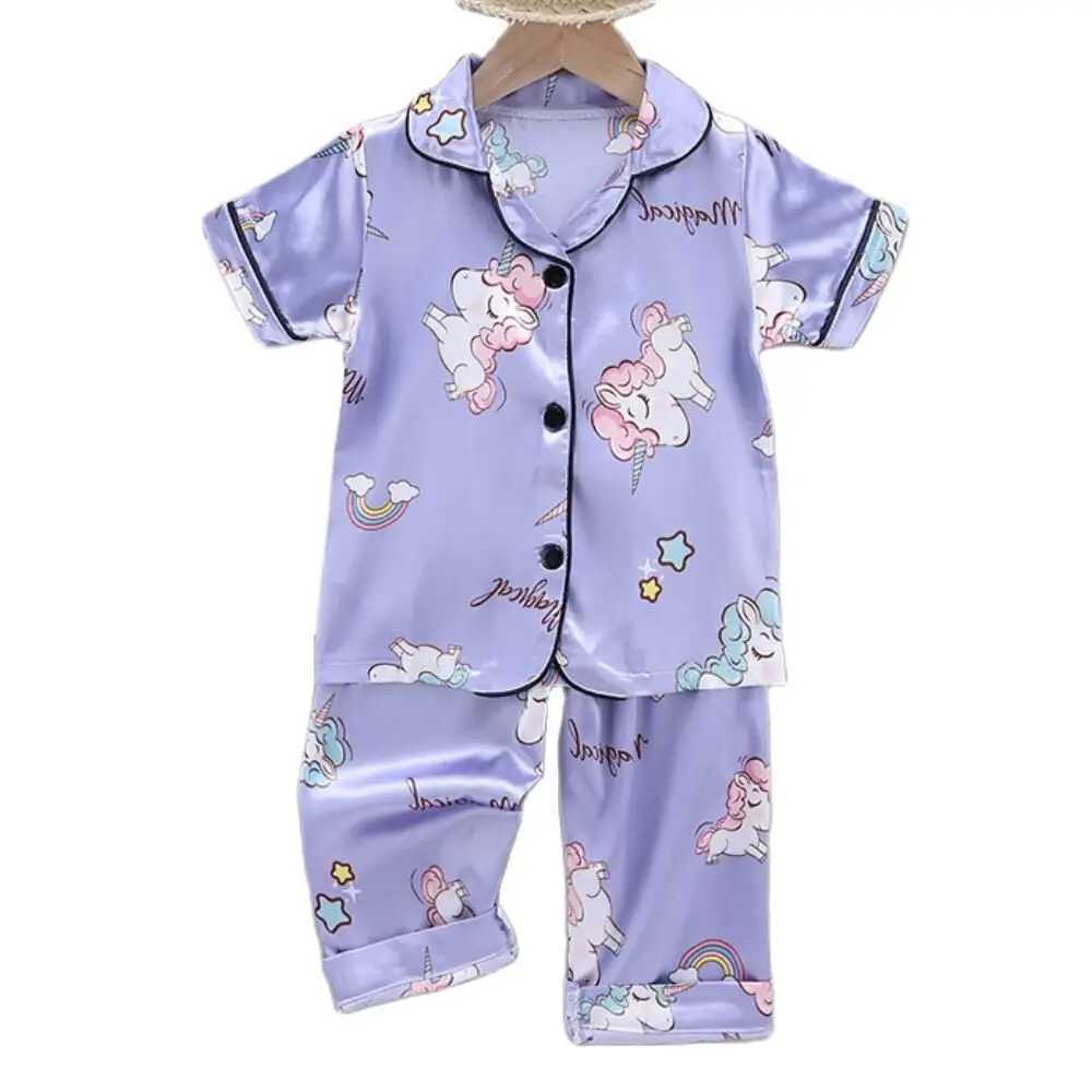 Girls Pajamas Pants Set Summer Air-Conditioned Clothing Toddler Boys Lce Silk Satin Cartoon Unicorn Nightgown 2pcs Outfit H260403