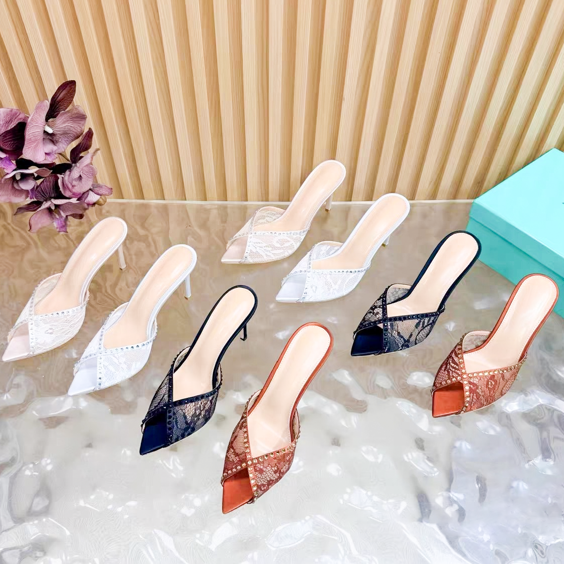 Top quality Lace Mesh slide andrea wazen heel Designer bride shoe Womens Open toe Pumps Luxury Sandal kitten heel Leather sexy slipper Sandale wed dress bride shoes