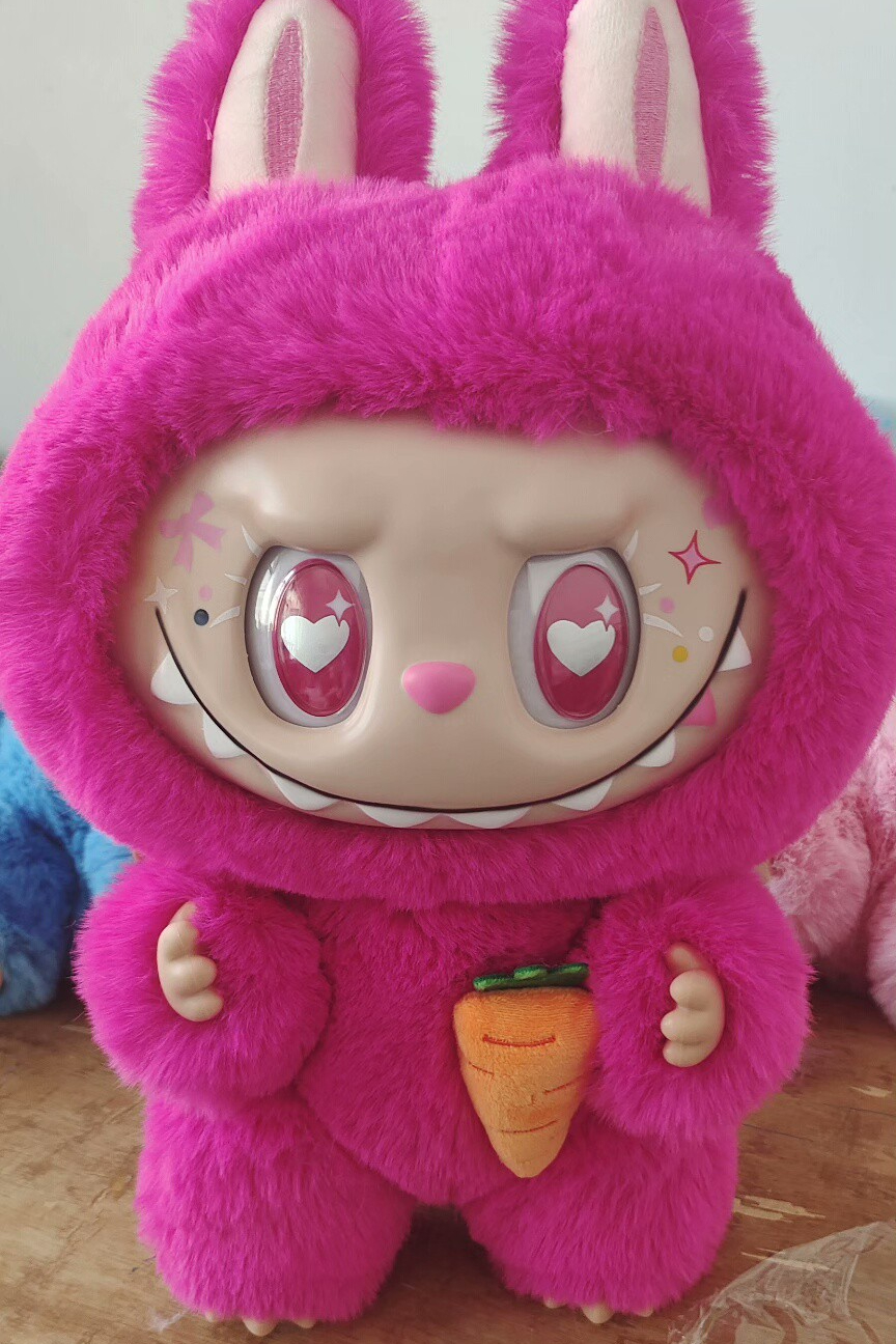 Pink Labubu ZIMOMO Plush Doll Rabbit Ear Stuffed Toy With Carrot For Collection