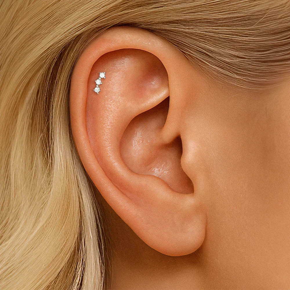 CANNER 1PC Mini 3 CZ Thread Flat Head Ear Bone Puncture Earring For Women Gold Ins Minimalism Classic Fine Jewelry Gift 260403