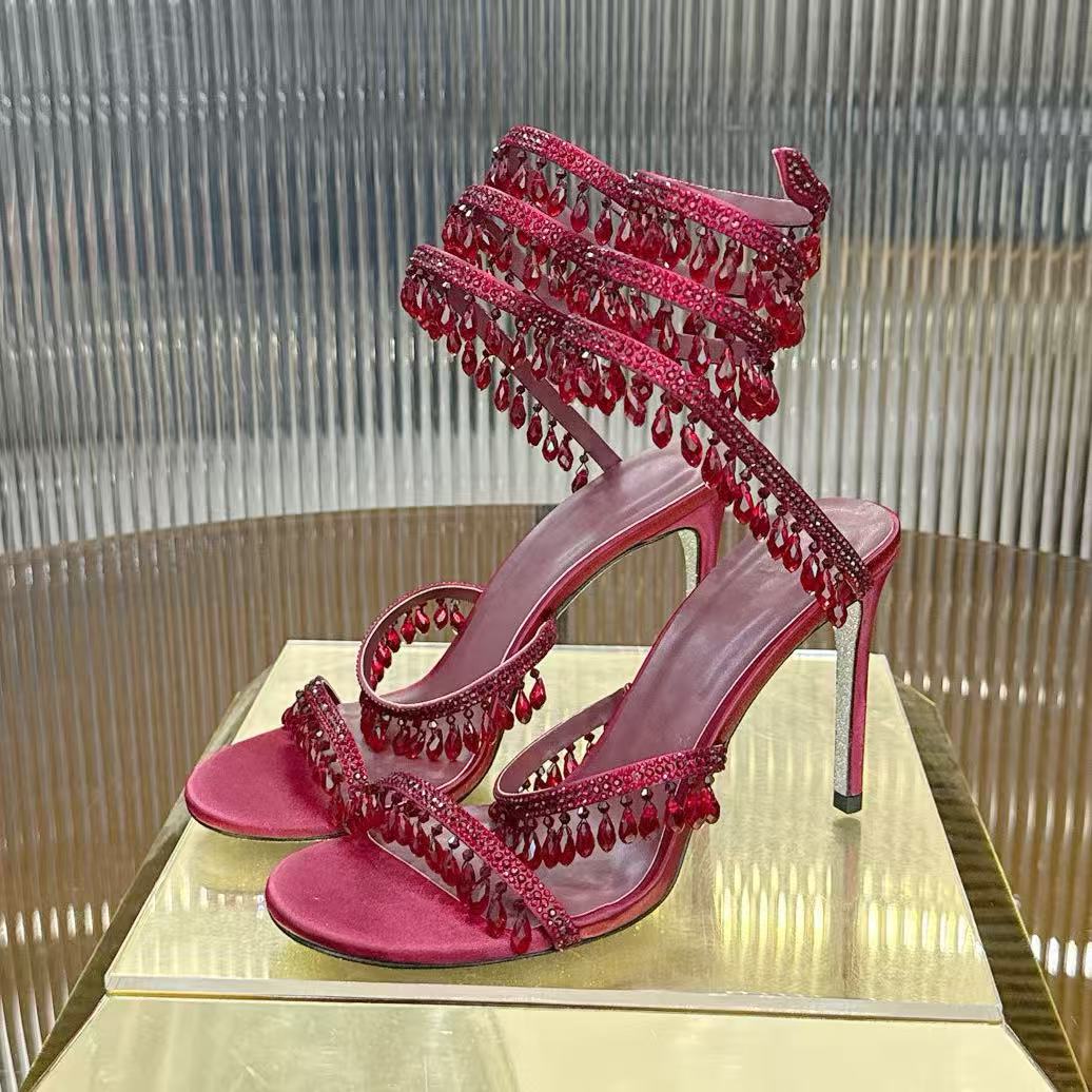 Crystals Embellished stiletto Heels sandals 95mm Ankle strap Wraparound women high heeled sandal rhinestone flower Evening shoes Large size 34-43 Bring with box