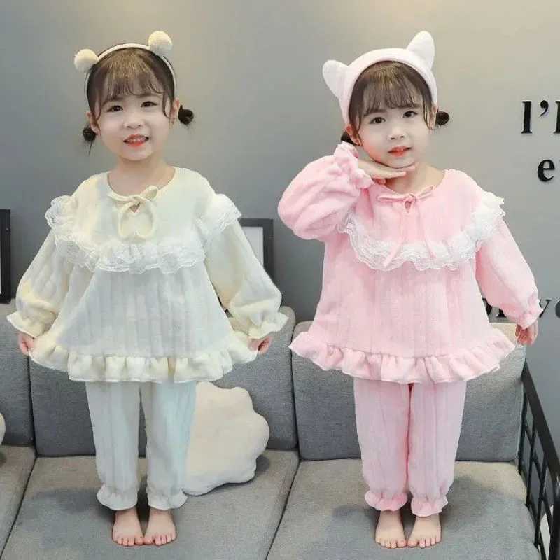 Cute Sweet Style Girls Pajamas Set Childrens Thickened Warm Long-sleeved Home Clothes Baby Girl Solid Color Pullover Pajamas H260403