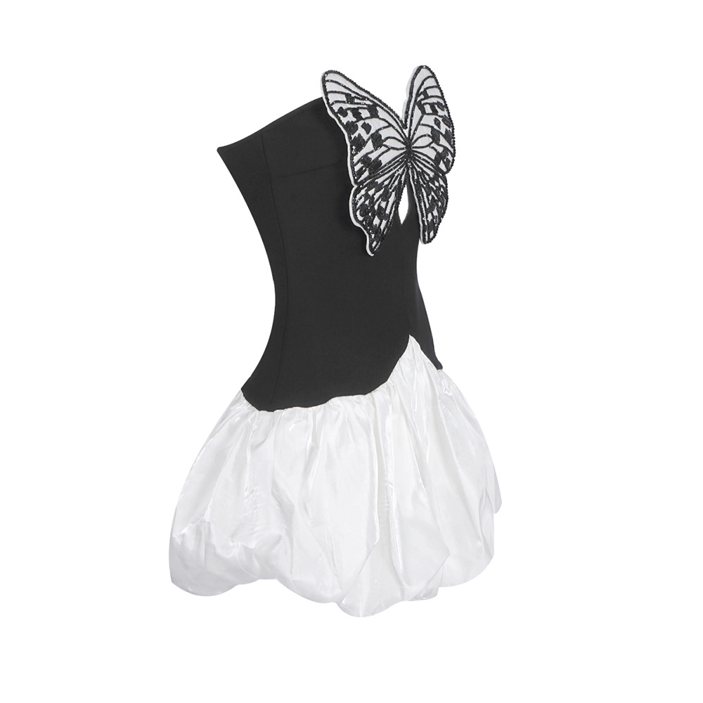 OC810M85 Urban Sexy Dress Strapless Mini Dresses with Butterfly Embroidery Slim Fit Black White High Waist Evening Party Cocktail