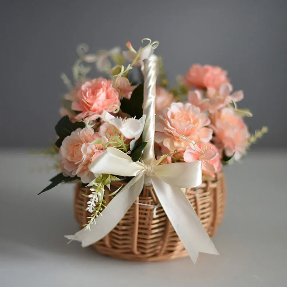 Wicker Rattan Flower Basket with Handle Candy Storage Woven for Wedding Party Decor 260403BJ - view 3