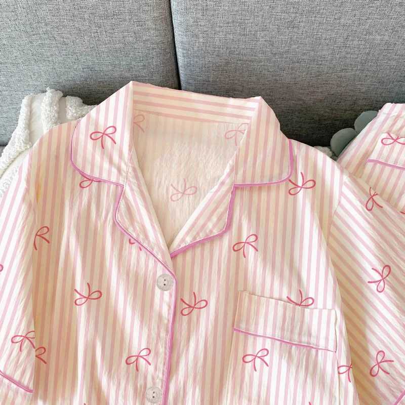 Pink Bow Dtie Prints 3 Pieces Pajamas Set for Women Summer Short Sleeve Top Pants with Shorts Pajamas Set Sweet Cute Home Suit H260403
