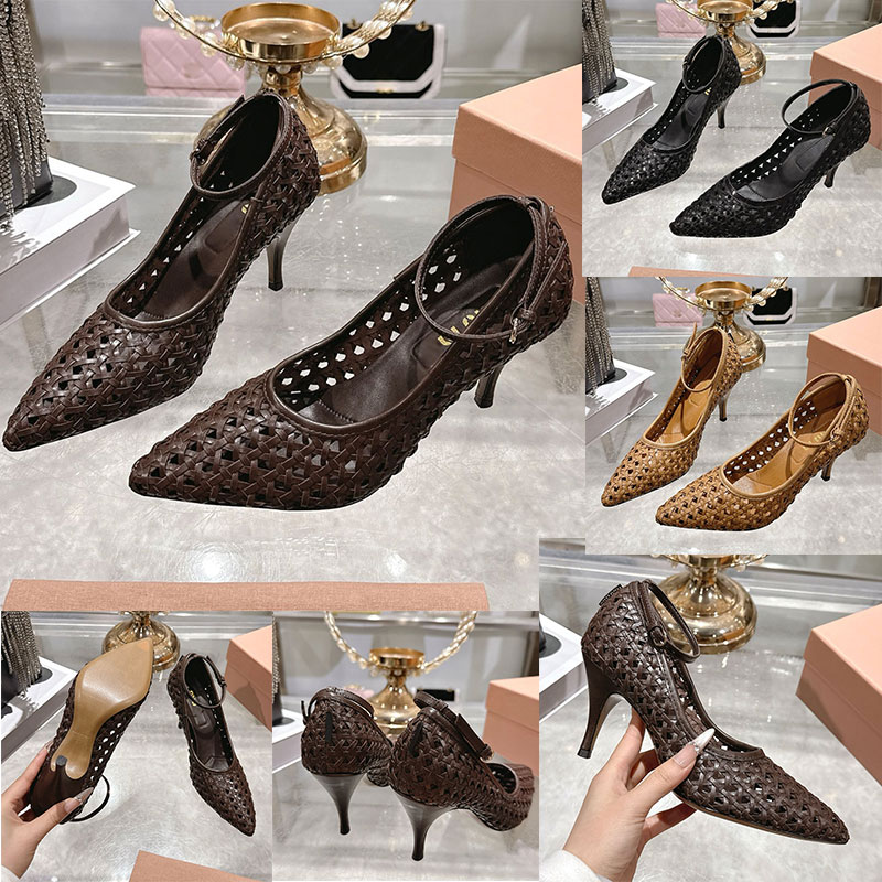Womens Woven Leather Pumps Ladies Artisan Woven Motif Pump 5I654E Designers One Piece Sandals Luxury Ankle Strap Buckle Sandal Leather Sole Size 35 41