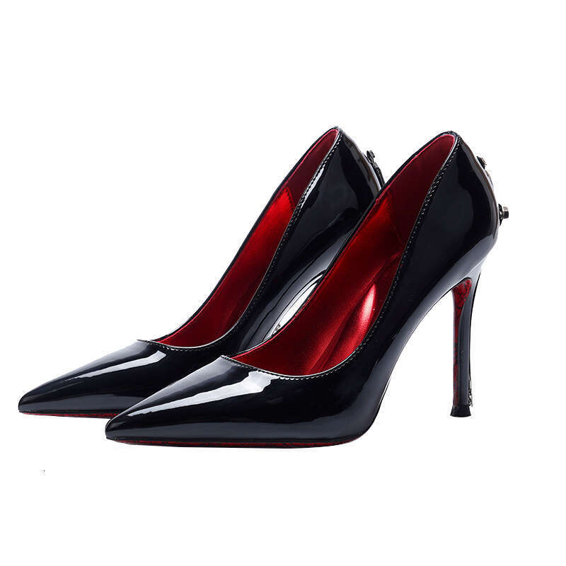 Gold Stiletto High Heels New Model Thin Heel Black Comfortable Printed Red Sole Pointed Toe Patent Leather Shoes
