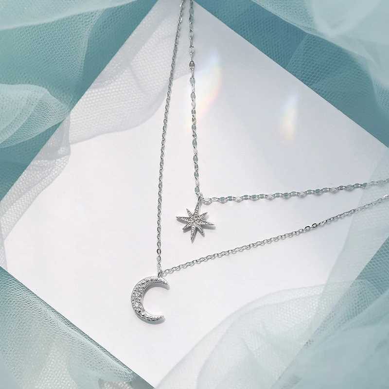 New Fashion Silver Color Double Layer Star Moon Necklace for Women Charm Delicate Zircon Wedding Pendant Choker Chain Jewelry H260403