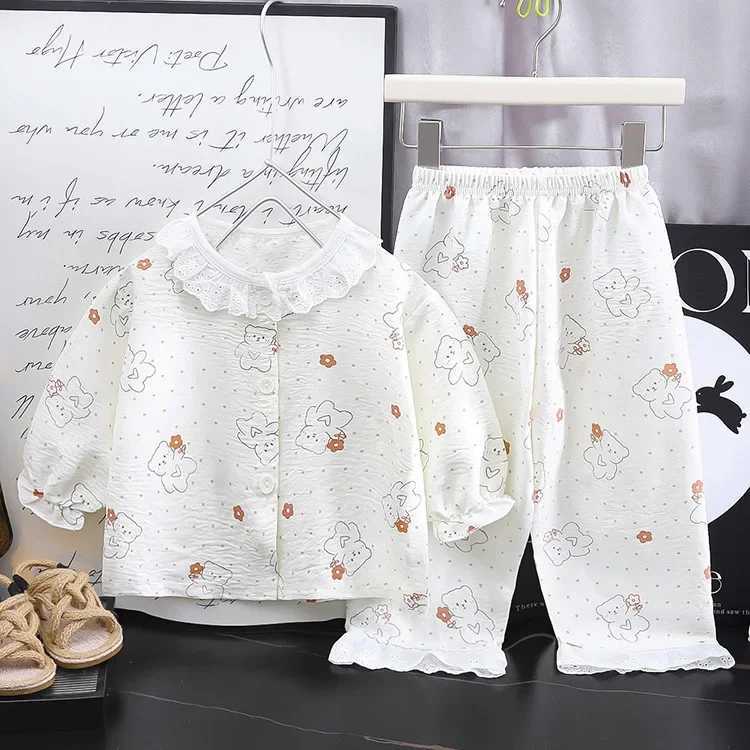 Girls Kids Home Clothes Set New Loose Thin Baby Pajamas Fashion Lace Floral Princess Children Air Conditioner Long SleevePants H260403