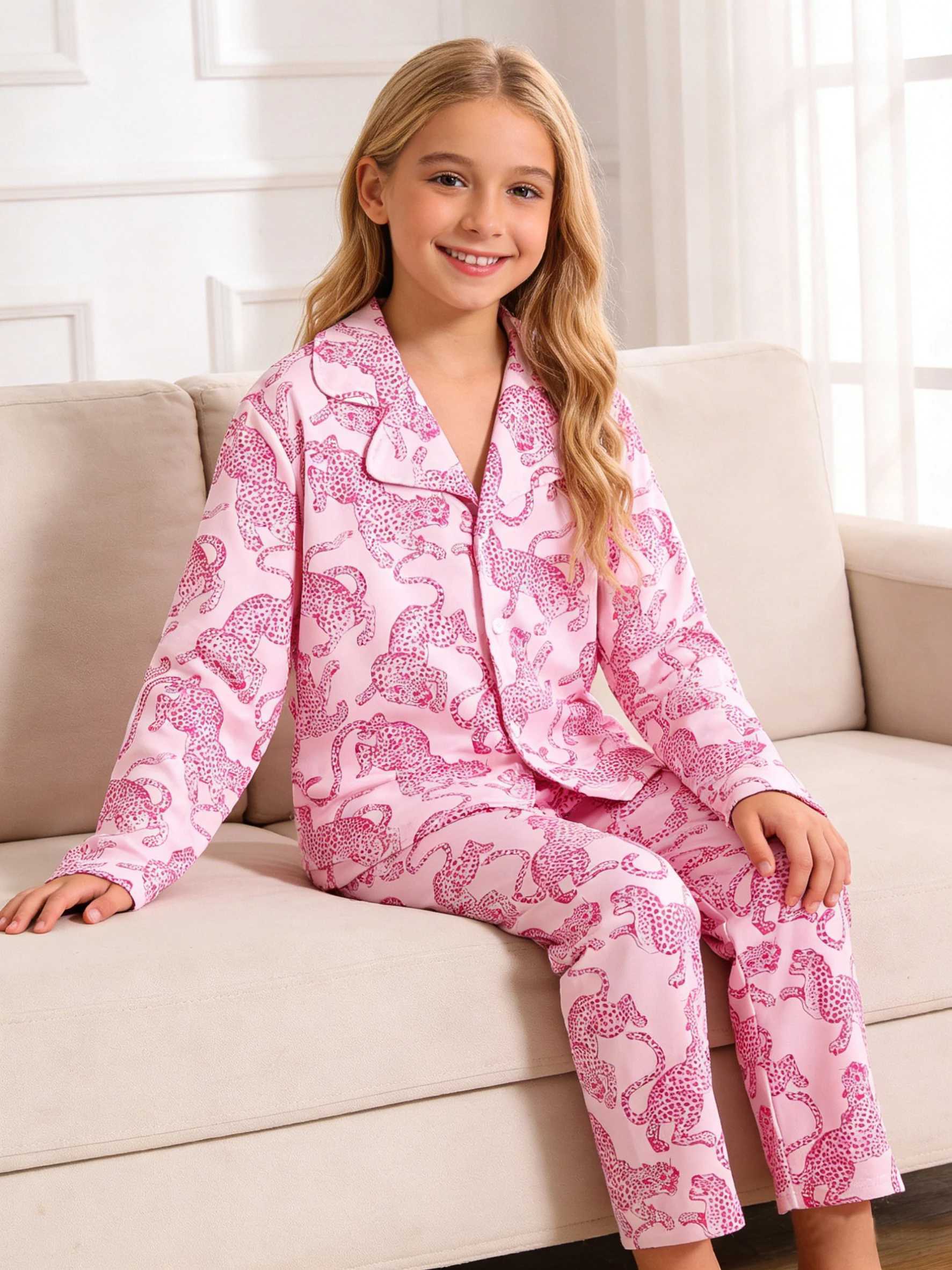 Girls long-sleeved long-pants pajamas for home wear girls leopard-print spring and autumn sleepwear party casual wear H260403