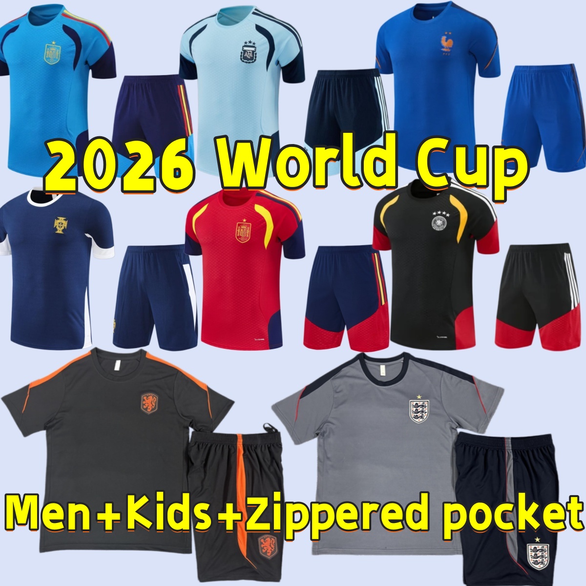 Short sleeved training suit jersey zipper pocket 2026 national team England Spain Portugal PEDRI Ronaldo BELLINGHAM KANE SAKA RICE men children's outdoor sports