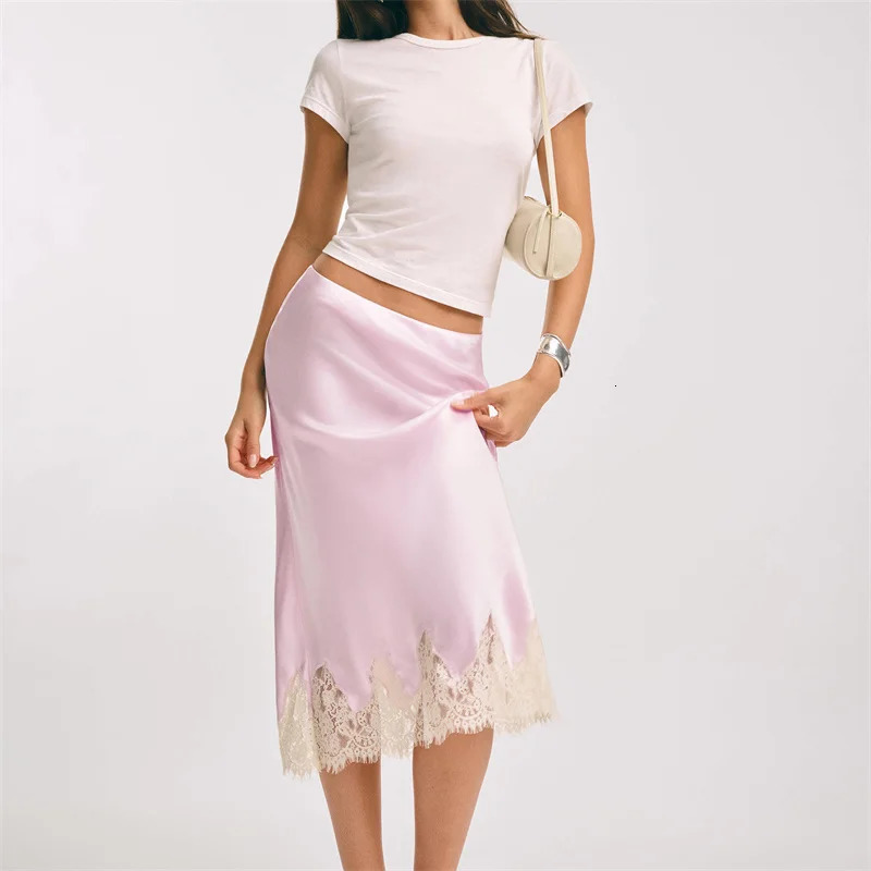 Womens Elegant Midi Skirts Summer High Waist Lace Satin Trumpet Skirt Woman Slim Korean Fashion Lace Patchwork Skirts 260403 - view 3