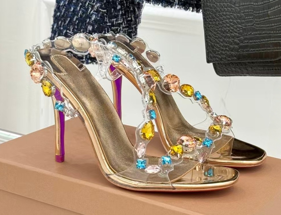 Women's Designer Sandals Heels with Rhinestones Leather Thin 10-10.5cm High Heel Fashion Shoes 34637