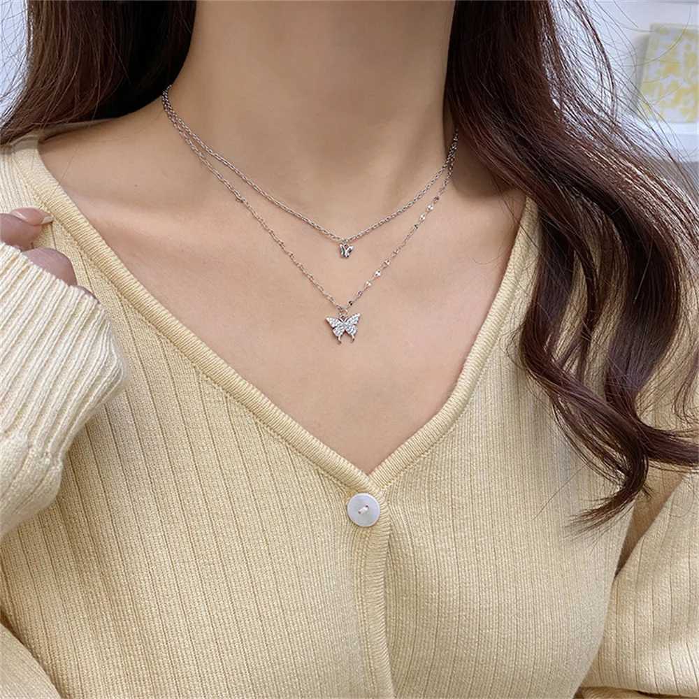 New Shiny Butterfly Necklace Ladies Exquisite Double Layer Clavicle Chain Necklace Jewelry for Ladies Gift H260403
