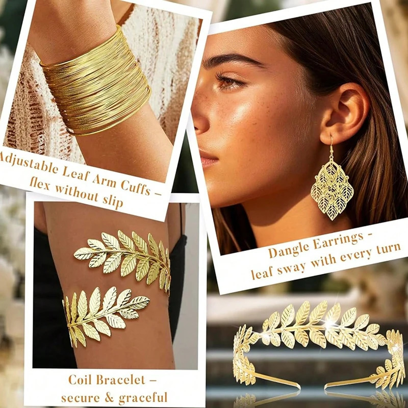 Jardme Retro Golden leaves Jewelry Set for Women Greek Goddess Adjustable Headwear Bracelet Set Baroque Style Jewelry 260318BJ - view 6