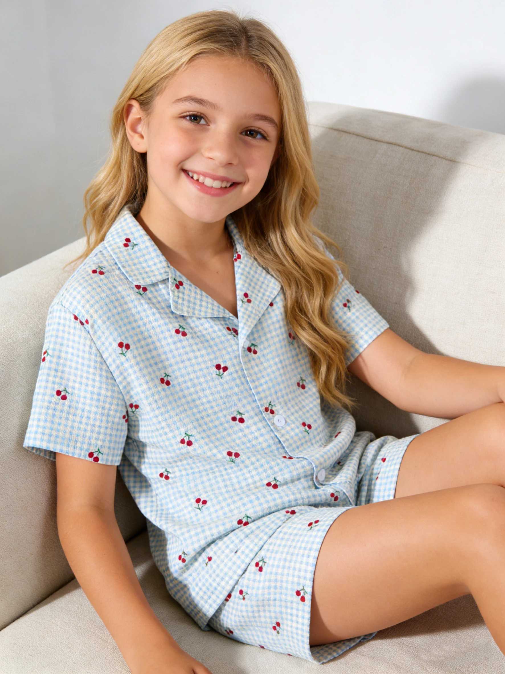 Girls Pajama Home Wear Set Cherry Short Sleeve Pajamas and Shorts Perfect for Summer Sleepover Parties and Nighttime Wear H260403