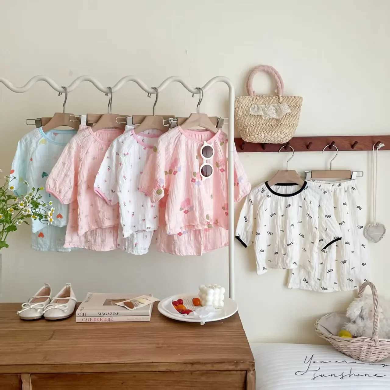 Spring Breathable Children Sleepwear Sets 0-7Y Kids Girls Printed Homewear Pajama Sets Summer Gauze Fabric Soft Daily Loungewear H260403