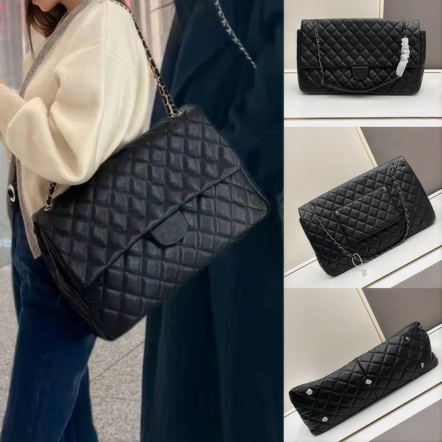 New Oversize Capacity Classic Designer Bag Silver Hardware Sheepskin Chain Shoulder Bag Shopping Crossbody Bag Top Quality 46CM CF Extra Large Airport Bag