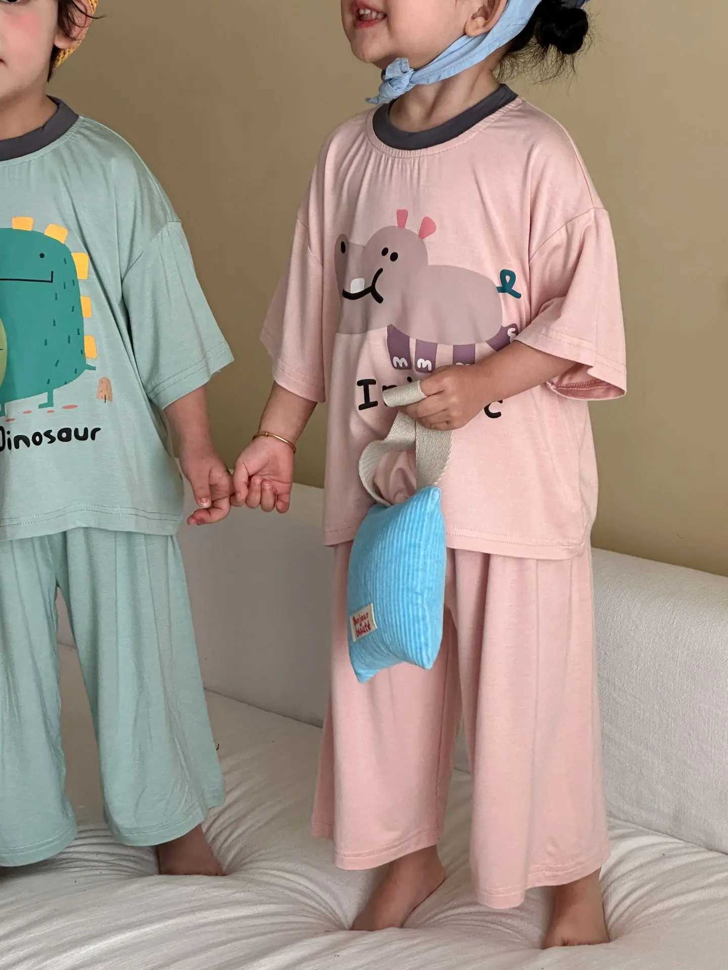 1-8Y Boys Summer Homewear 2pcs Kids T-Shirt and Long Pants Loungewear Girls Animal Print Pajama Set Childrens Sleepwear H260403