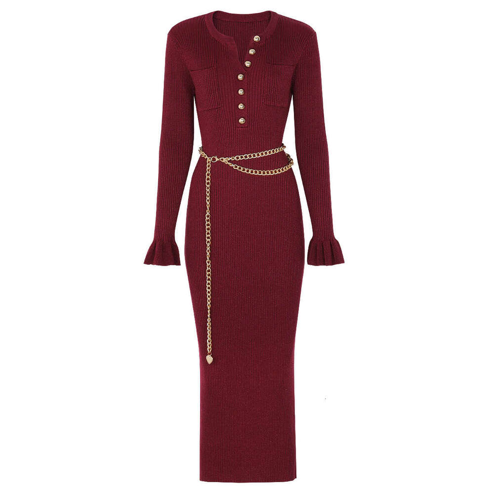 Spring and Autumn New Designer High Quality Fashion Knitted V-neck Slimming Chain Belt k30 Long Sleeve Dress
