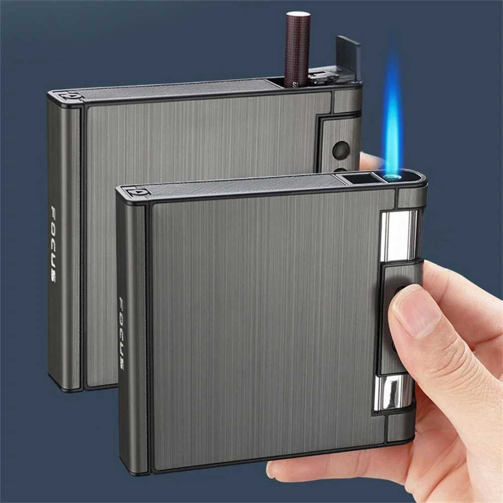 Metal Cigarette Case with Integrated Lighter, Foldable Hard Black Metal Case, 20-Pack Cigarette Case with Wallet