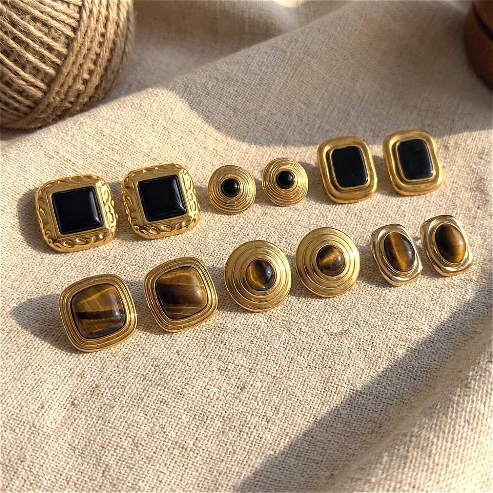 Chunky Vintage Tiger Eye Black Stone Stainless Steel Stud Earrings For Women Statement 18K Gold Plated French Autumn Jewelry H260403
