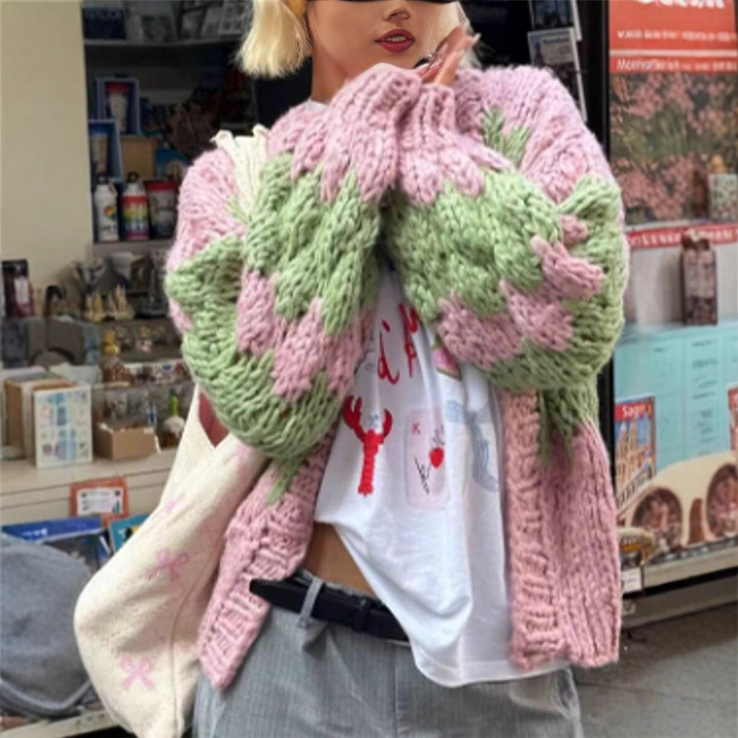 Imcute Women Oversized Cardigan Sweaters Color Block Long Sleeve Chunky Knit Sweaters Coat Y2K Open Front Colorful Cardigans 250903