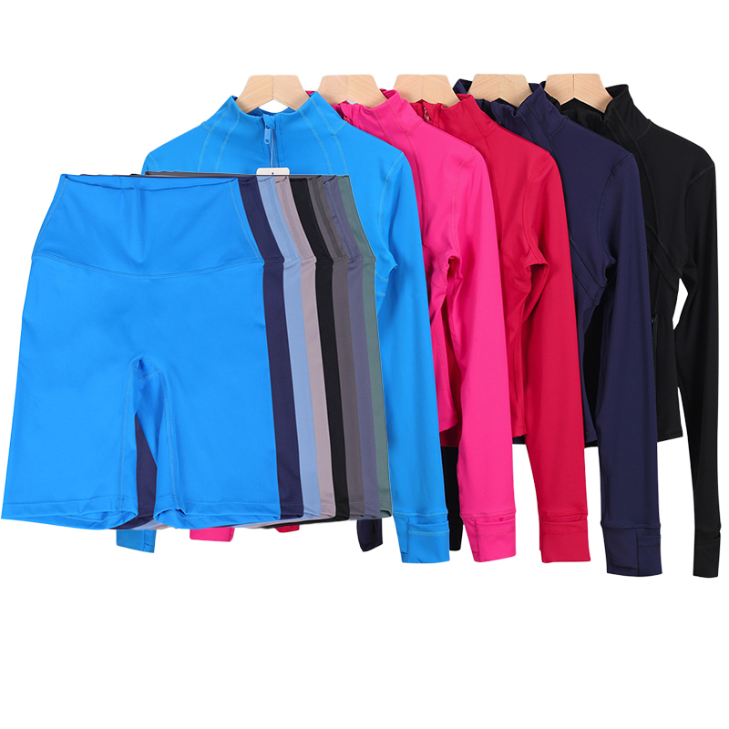 Women's Yoga Jacket Sports Coat Fitness Jackets+shorts Gym Sports Top Quick-Dry Activewear Solid-Colour Zip-Up Sweatshirt