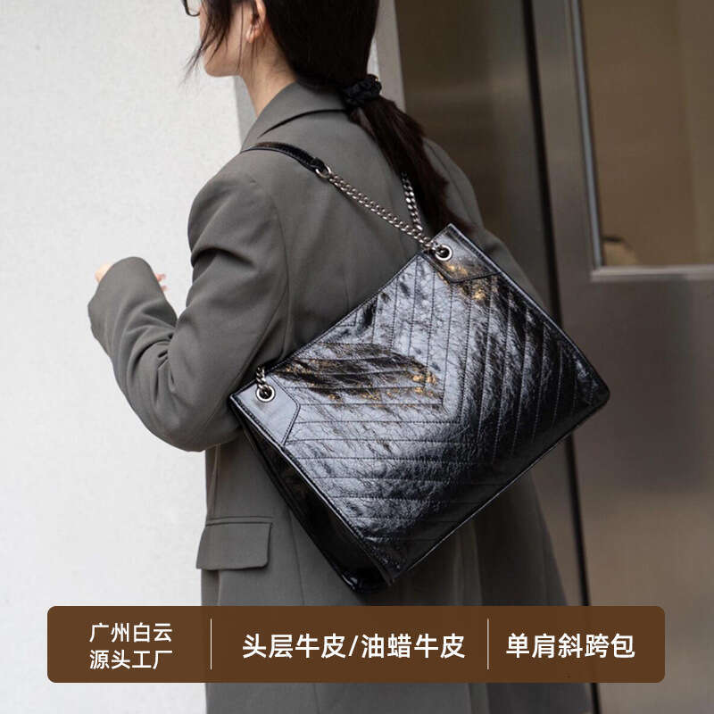 Women's Genuine Leather Bag, First Layer Oil Wax Leather, Shoulder Underarm Bag, Large Capacity Tote Bag, Rhombus Chain Bag, Luxury Ladies Handba