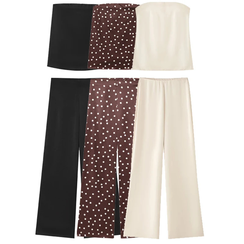 HXAO Off White Satin Pant Sets Womens Suit Off Shoulder Strapless Top Vest Set 2 Piece Woman Chic High Waist Trousers Sets 260403