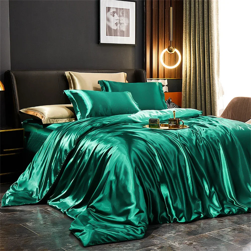 Solid Silk Bedding Set with Duvet Cover Bed Sheet Pillowcases y Satin Single Double Bedsheet King Queen Twin Size 260402