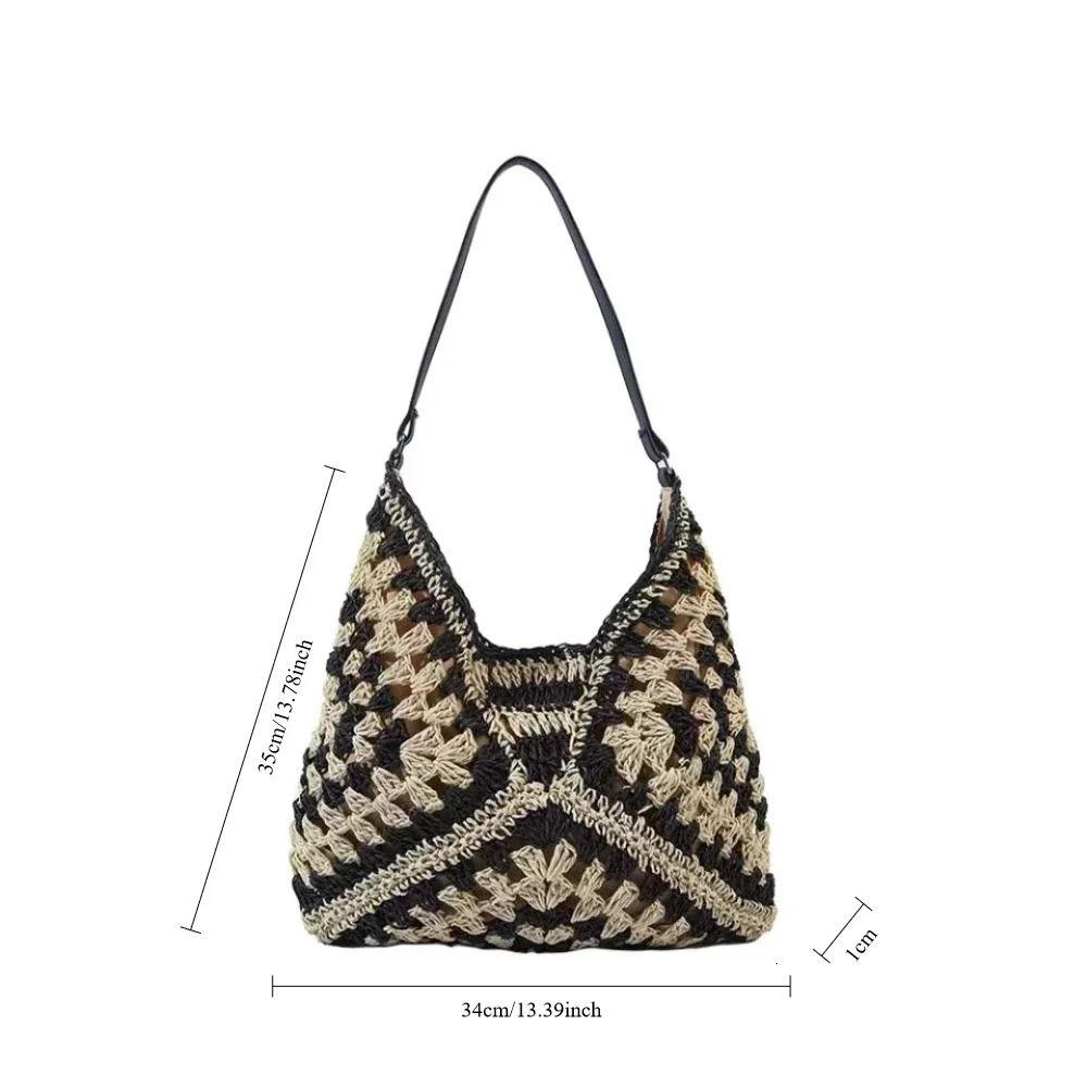 Color Block Straw Weaving Shoulder Bag Large Capacity Summer Beach Vacation Bag Underarm Bag Simple Urban Style Polyester Lining 260330