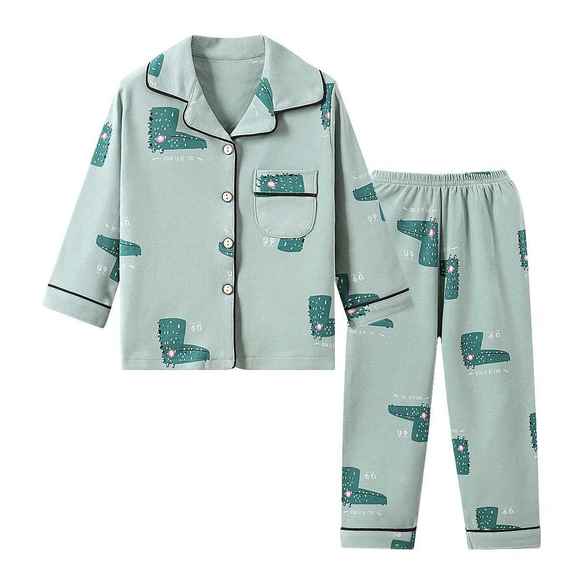 Childrens Pajamas Pure Cotton Spring Autumn and Winter Long-Sleeved Suits Boys and Girls Lapel Pajamas and Pajamas Set Boys Sp H260403