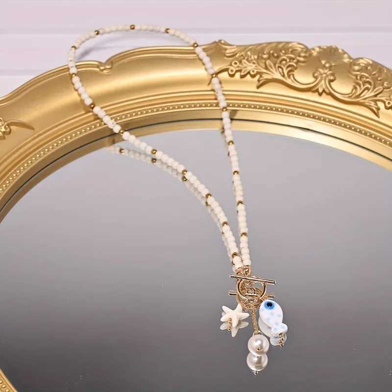 Bohemian Sea-Inspired Ceramic Fish Starfish Pendant Necklace with 4mm Synthetic Turquoise Beads Lightweight Beach Jewelry H260403