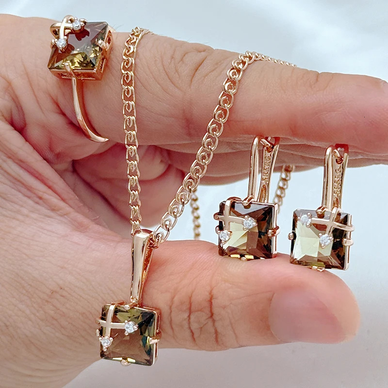 Kinel Shiny Grey Natural Zircon Jewelry Sets for Women Fashion 585 Rose Gold Color Ring Earrings Necklace Daily Fine Jewelry 260318BJ - view 4