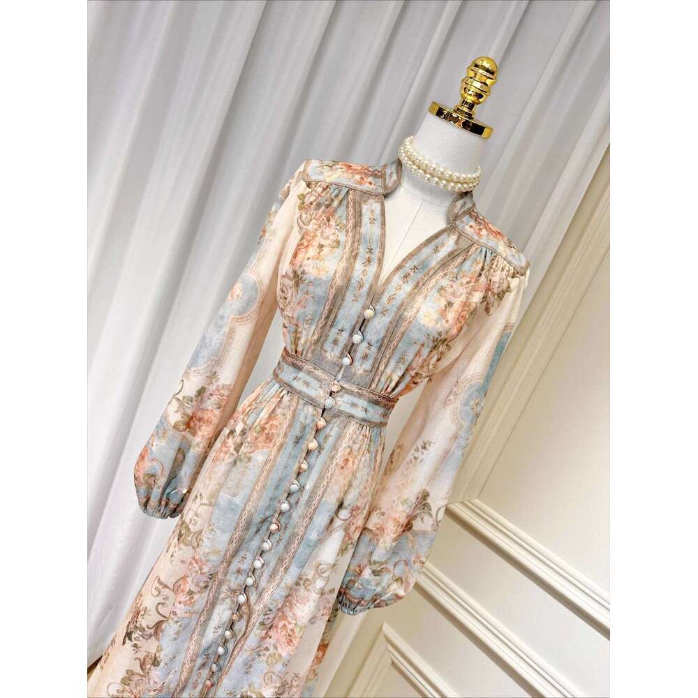 Designer k30 elegant printed long sleeved dress with small stand up collar, bubble sleeves, waist cinching, cotton and linen dress