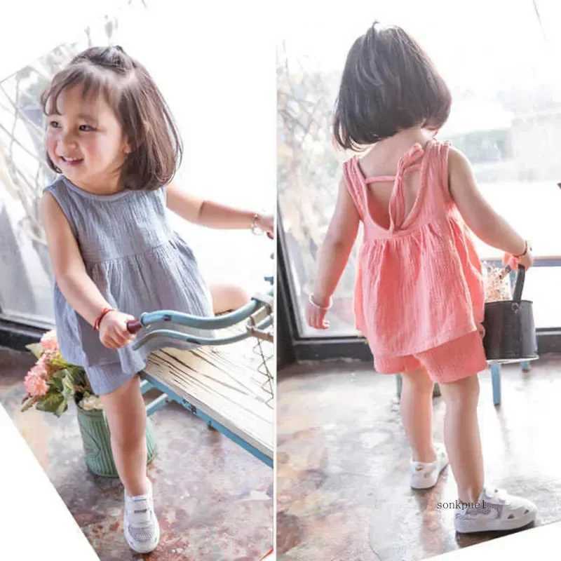 Baby Girls Outfits Clothes Summer Muslin Cotton Sleeveless Vest Dress Shorts Shirt Suits Fashion TopTrousers Sets 2pcs 0-4T M H260403