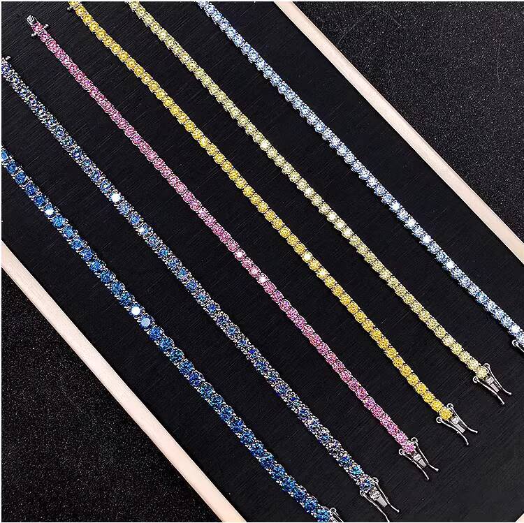 PYQ 3/4/5/65mm Blue Yellow pink Moissanite Chain Gra Vvs Sterling Silver 925 Diamond Moissanite Tennis Chain Bracelet for Women