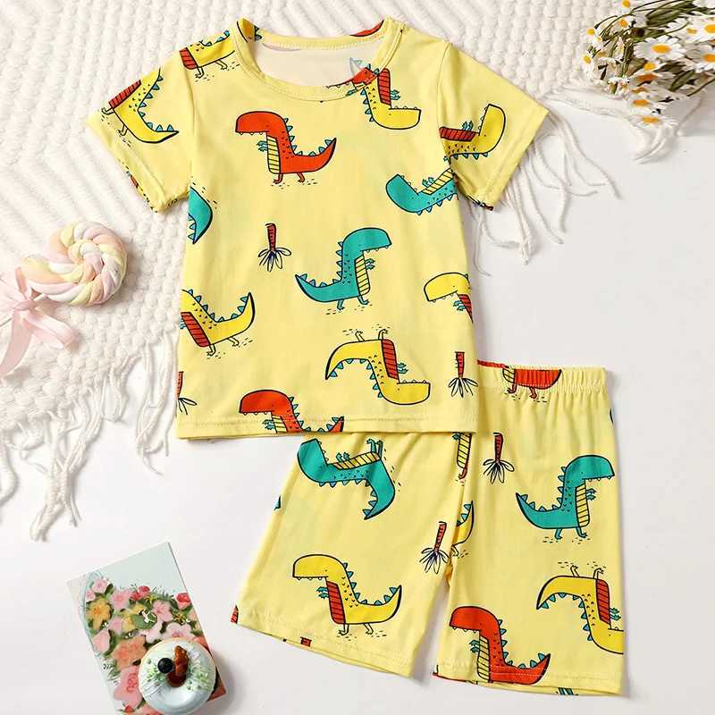 2-pcs Childrens Summer Fashion Print Home Clothes Suit Boy Comfortable Joker Dinosaur Short-sleeved Girl Sweet Pink Shorts Suit H260403