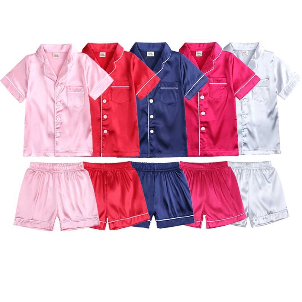 2Pcs Red Satin Pyjamas Kids Sets Boys Girls Solid Silk Childrens Pajamas Clothes Toddler Lounge Pjs 2-12T Baby Clothing H260403