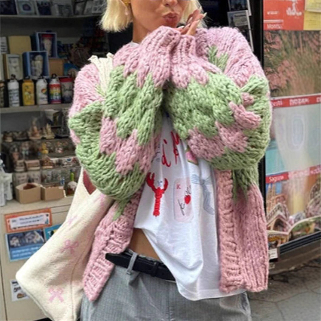 Imcute Women Oversized Cardigan Sweaters Color Block Long Sleeve Chunky Knit Sweaters Coat Y2K Open Front Colorful Cardigans 250903