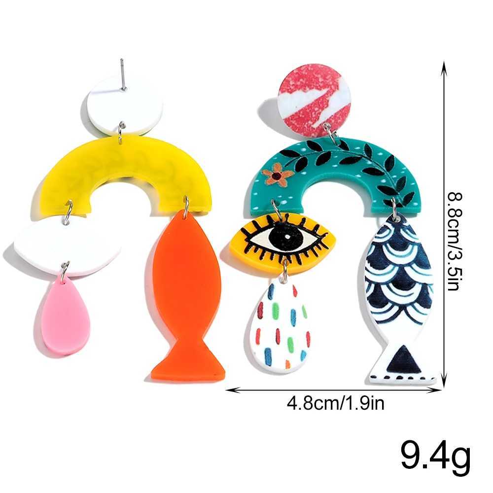 New Fish Eye Leaf Acrylic Print Long Earrings for Women Funny Colorful Irregular Geometric Hanging Earring Holiday Jewelry Gifts H260403