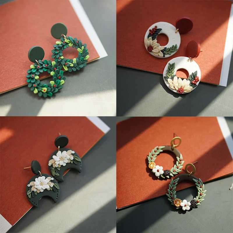 Handmade Crafts Molded Floral Christmas Holiday Multi Colors Shapes Wreath Polymer Clay Pattern Dangle Earrings Sets Jewelry H260403