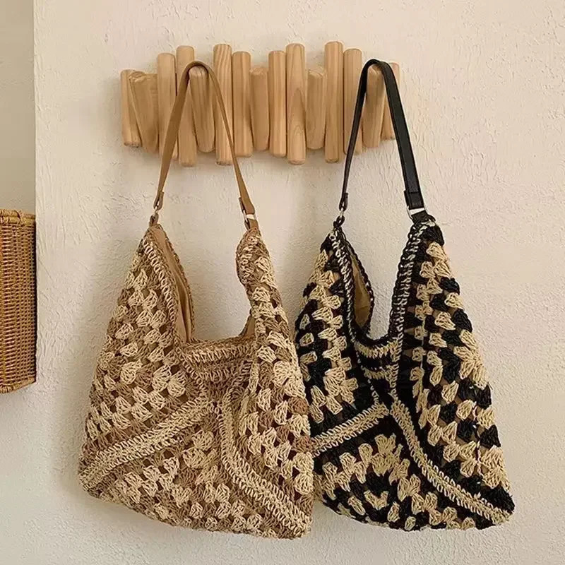 Color Block Straw Weaving Shoulder Bag Large Capacity Summer Beach Vacation Bag Underarm Bag Simple Urban Style Polyester Lining 260330