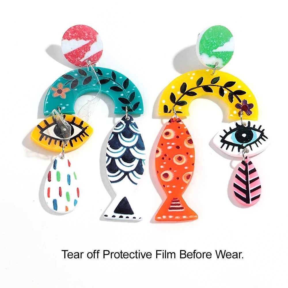 New Fish Eye Leaf Acrylic Print Long Earrings for Women Funny Colorful Irregular Geometric Hanging Earring Holiday Jewelry Gifts H260403