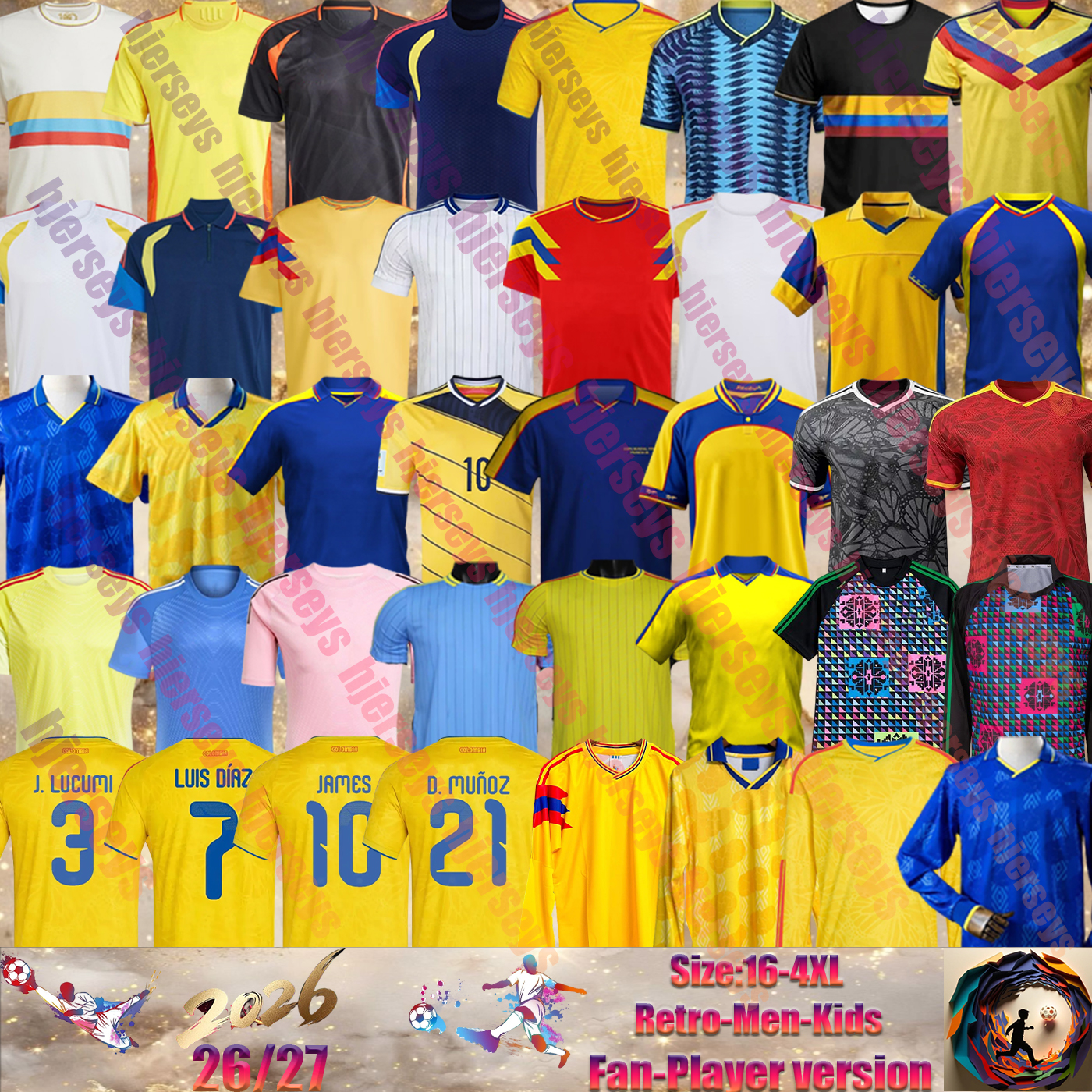 26 27 World Cup Colombia Soccer Jerseys Retro Valderrama JAMES LUIS DIAZ DURAN ARIAS J.LERMA L.DIAZ M.BORJA BORRE CARRASCAL CORDOBA CUADRADO men football shirt kids kit