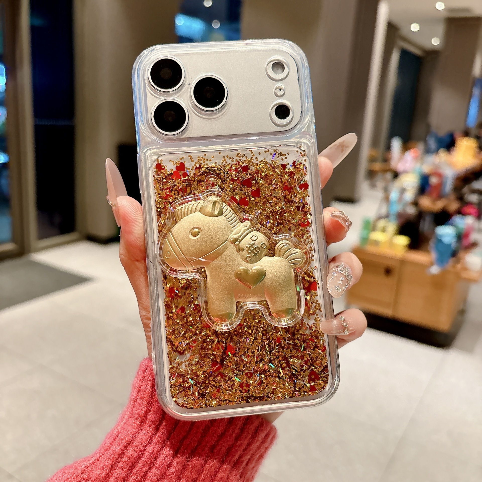Designer Luxury Gold Quicksand Phone Case, 3D Lucky Horse Money Bag Bling Glitter Cover For Iphone 17 14 13 Pro Max, Premium Fortune Gift With Chain