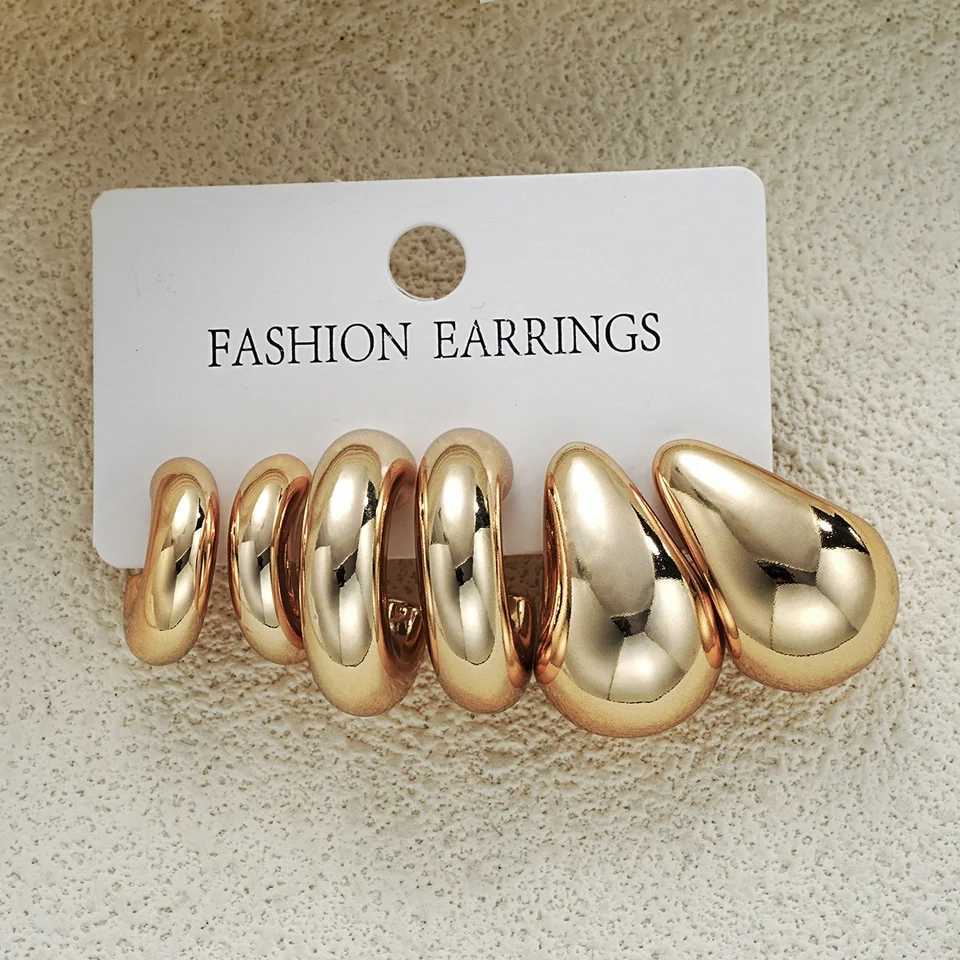 6pcs Chunky Gold Plated Waterdrop Hoop Earrings For Women Minimalist Smooth Thick Circle Drop Earring Lightweight Party Jewelry H260403